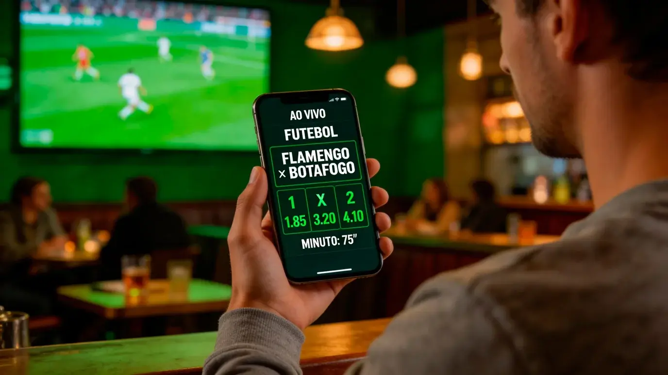 Apostas desportivas ao vivo em smartphone com funcionalidades de cash out e live betting